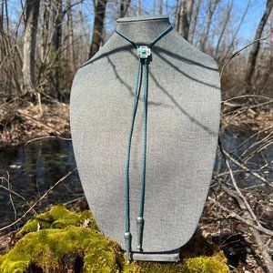 Americana Bolo Tie Necklace Braided Leather Silver and Synthetic Turquiose